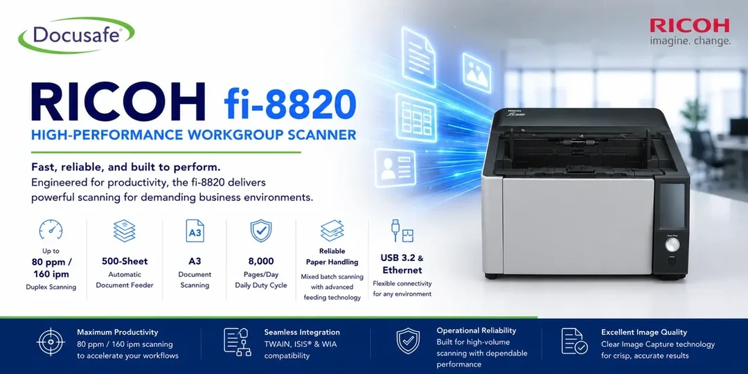Promotional overview of the Ricoh fi-8930 high-performance workgroup scanner, highlighting 90 ppm/180 ipm duplex scanning, a 500-sheet feeder, A3 capability, a 9,000-page daily duty cycle, and flexible USB/Ethernet connectivity.